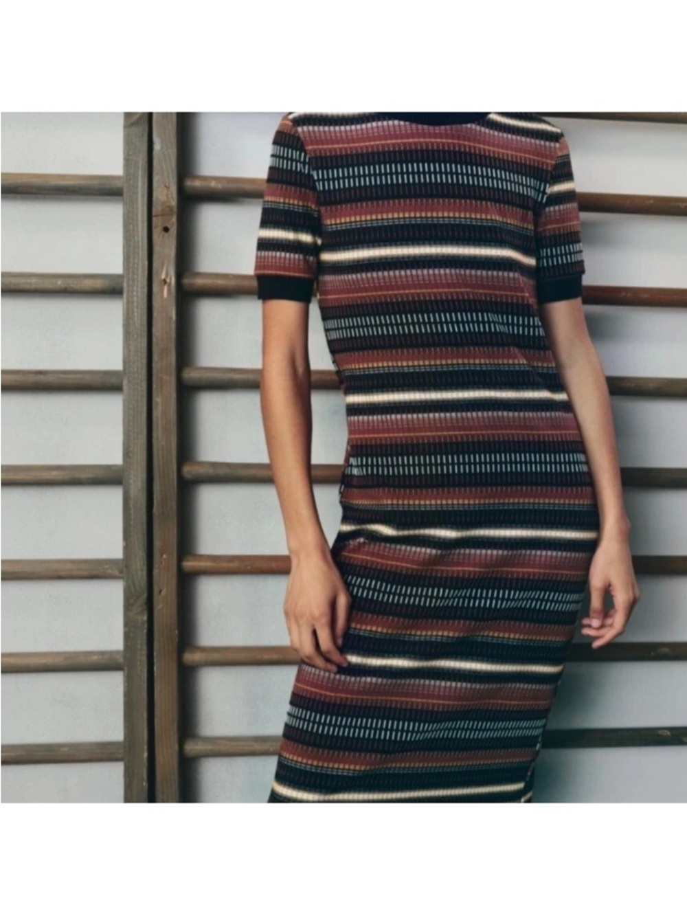Zara Jacquard Knit Midi Dress Striped Multicolor Bodycon Size M - Picture 3 of 10